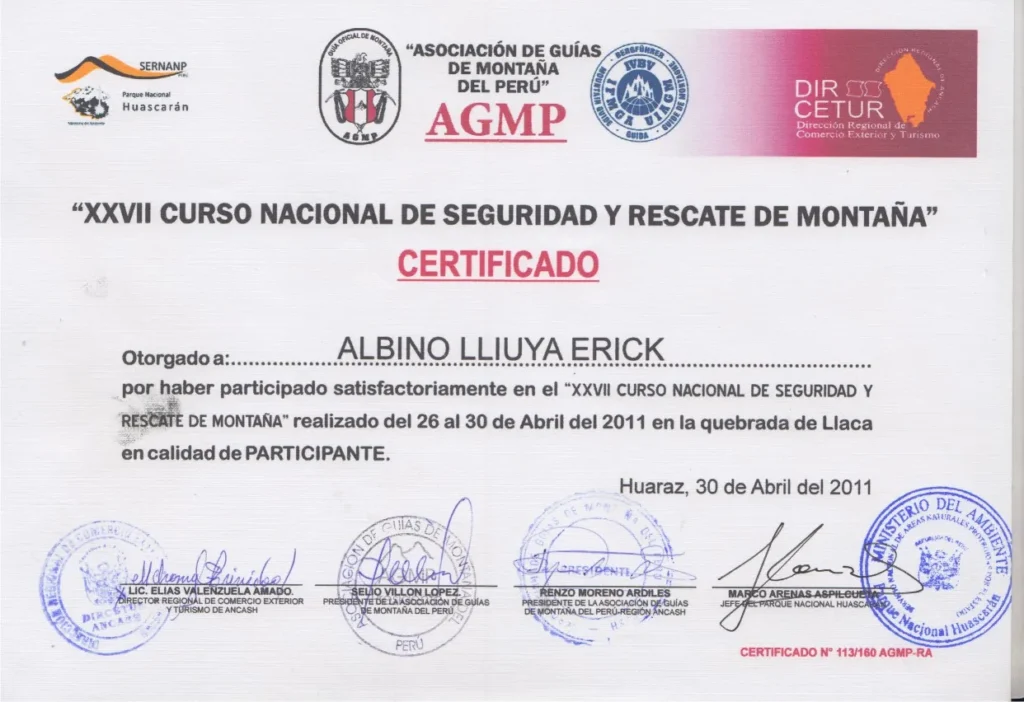 Certificado de Curso de Rescate Montaña